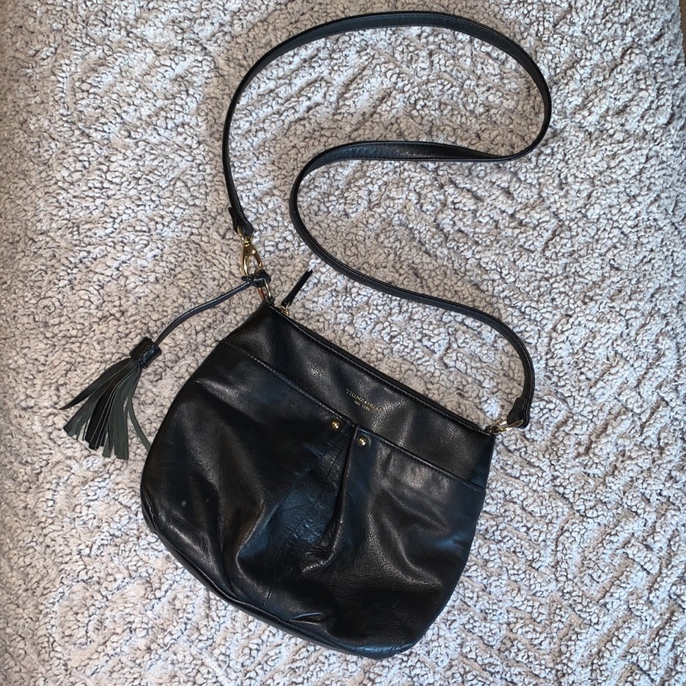 Tignanello Black Leather Crossbody — Gold Accents